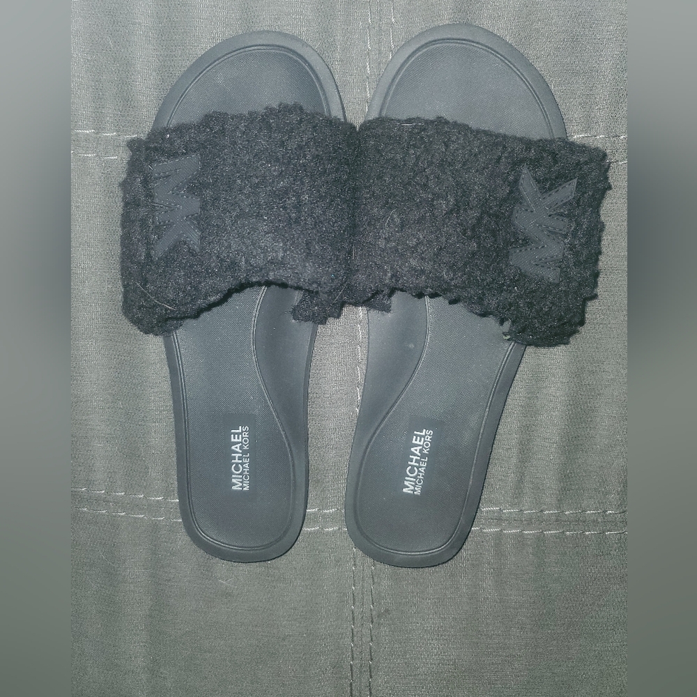 Michael Kors Black Fuzzy Slide Sandals